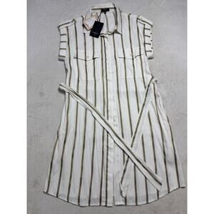 FRNCH Paris NWT Ariette Gold Striped Shirt Dress White Button Up Belted Size Med